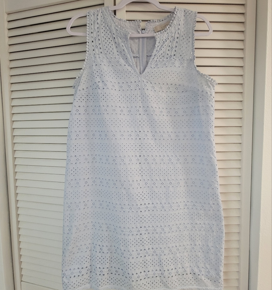 Ann Taylor LOFT 10 Shift Dress Pale Blue Embroider Eyelet Dots Crochet Detail